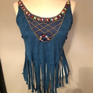 Vegan suede fringe beaded crop top. Tie back tank